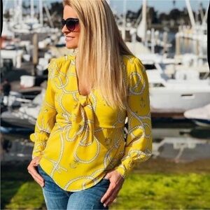 CAbi Reef Knot Blouse in Yellow Size XL Nautical Print Rope and Anchor